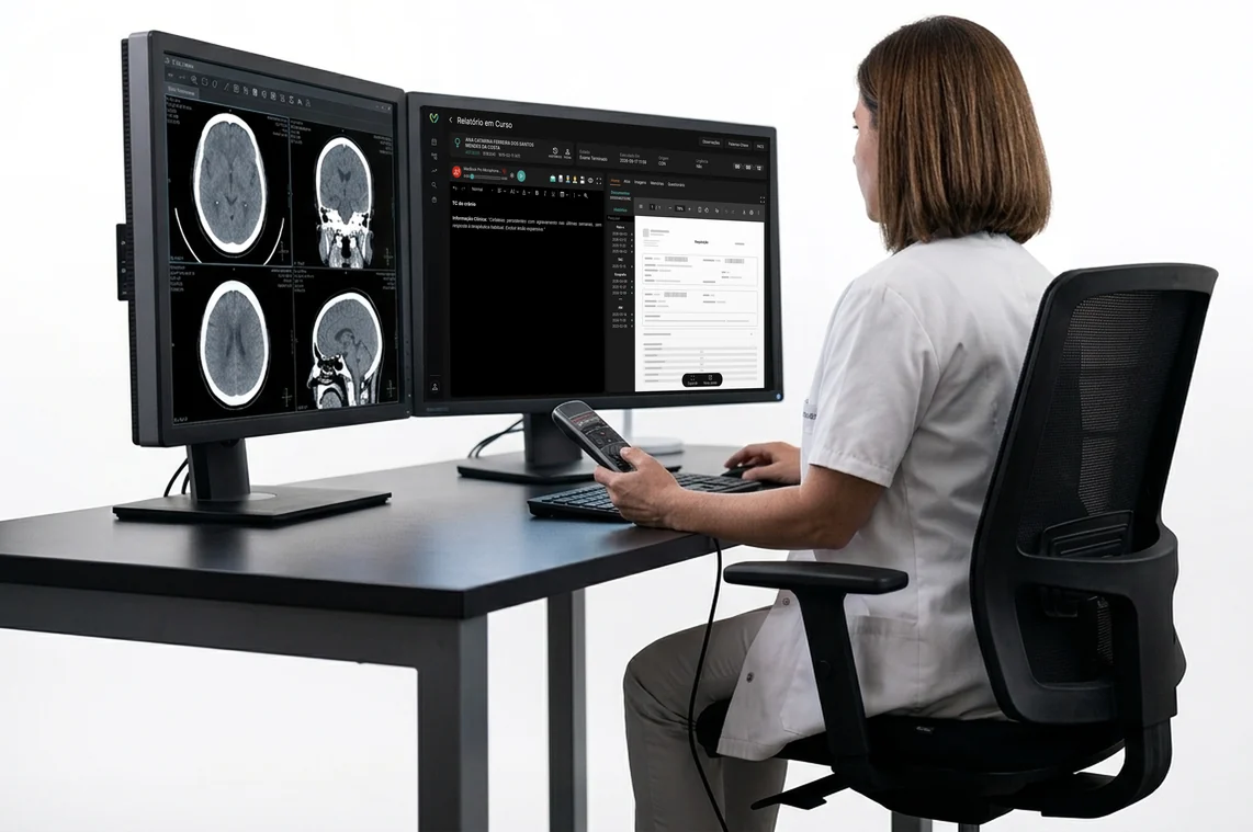 A radiologist dictating a report in VIDAcare, in dark mode, next to the PACS images