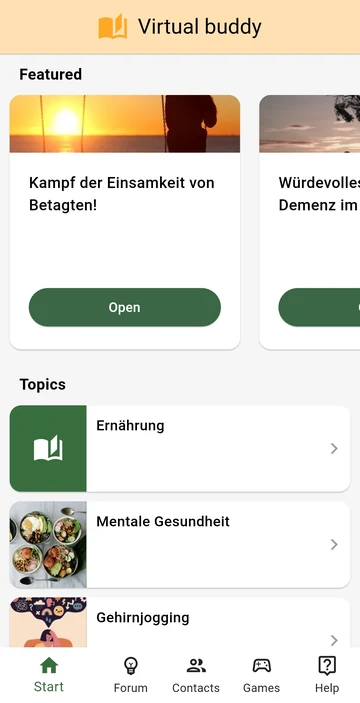 Buddy4All mobile app: the Virtual Buddy home screen with featured articles and topics such as nutrition, mental health and brain training