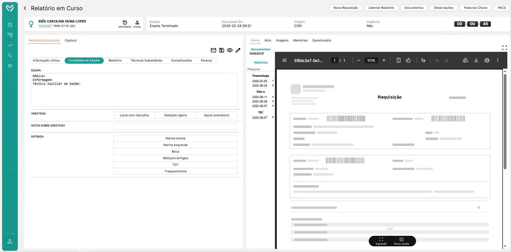Structured report with the exam conditions — team, anaesthesia and access — next to the referral