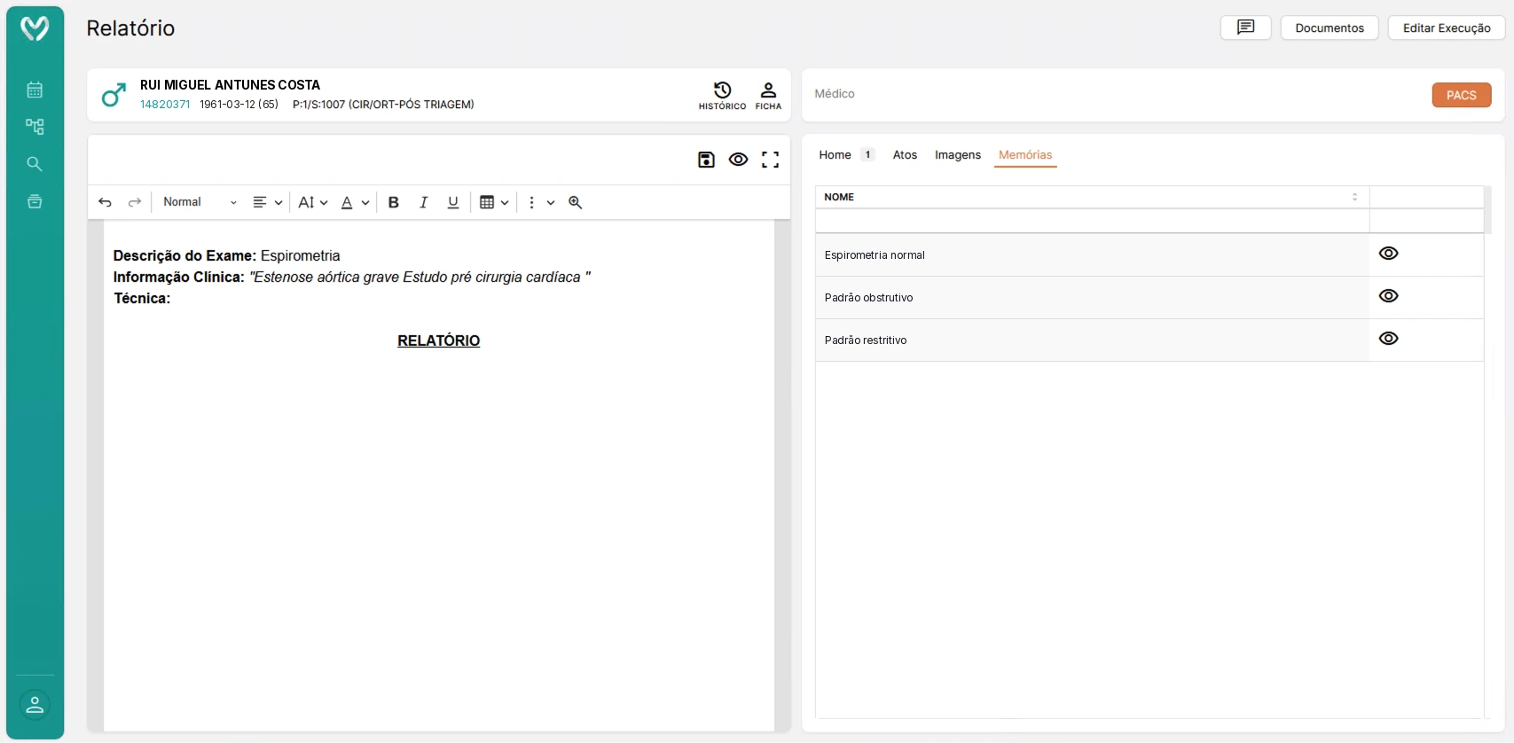 Technician report started from a template, with the report templates for the exam