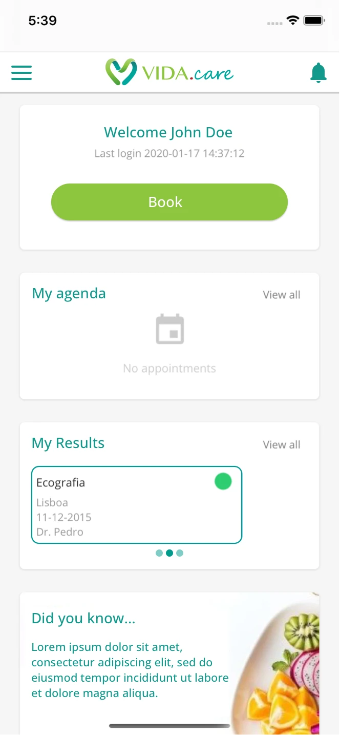VIDAcare Portal mobile app showing booking, agenda and results