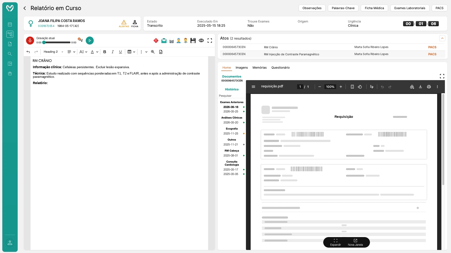 Reporting screen with voice recognition, prior exams and the referral